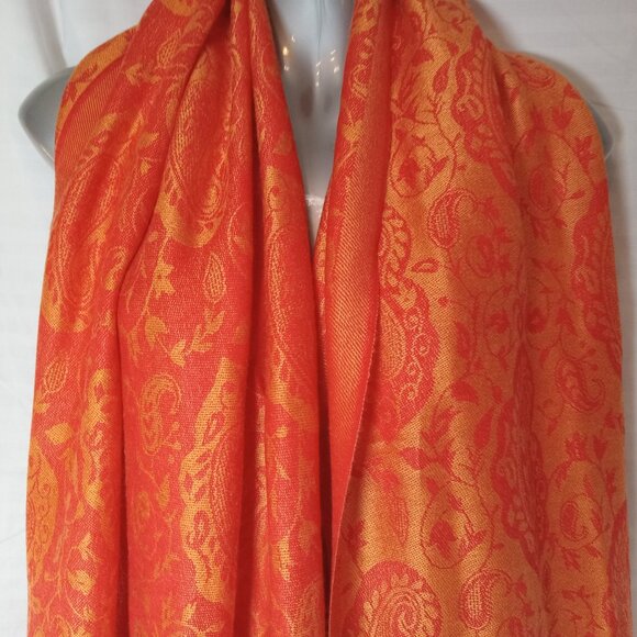 Orange Paisley Cashmere Slik Scarf Shawl Wrap Stole Silk Soft Women Warm 28 x 70 - Picture 6 of 16